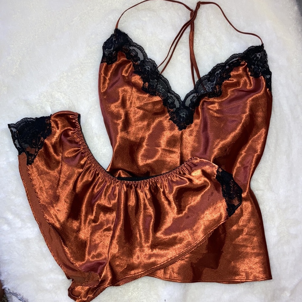 Satin-Lace Cami & Short Set - Burnt Orange/Black